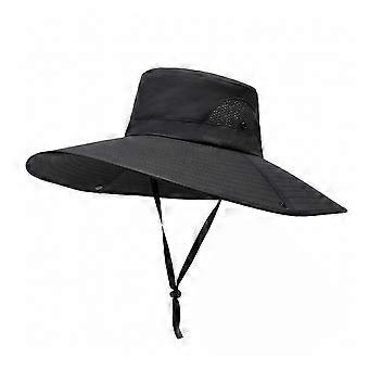 Extra grote opvouwbare bucket hat met brede rand en verstelbaar winddicht koord – ideaal voor wandelen en strand.