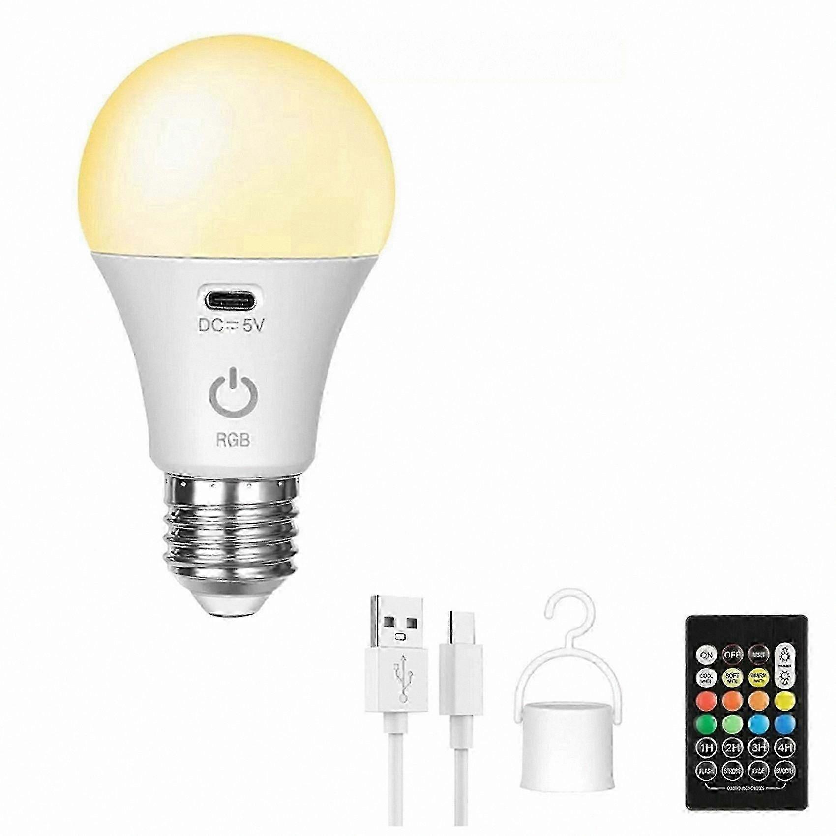 Rechargeable RGB LED Bulb - Dimmable E27 Smart Light with Timer, Cordless Battery Operated
