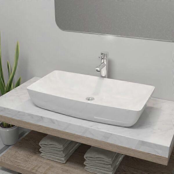 vidaXL Basin with Mixer Tap Ceramic Rectangular White White