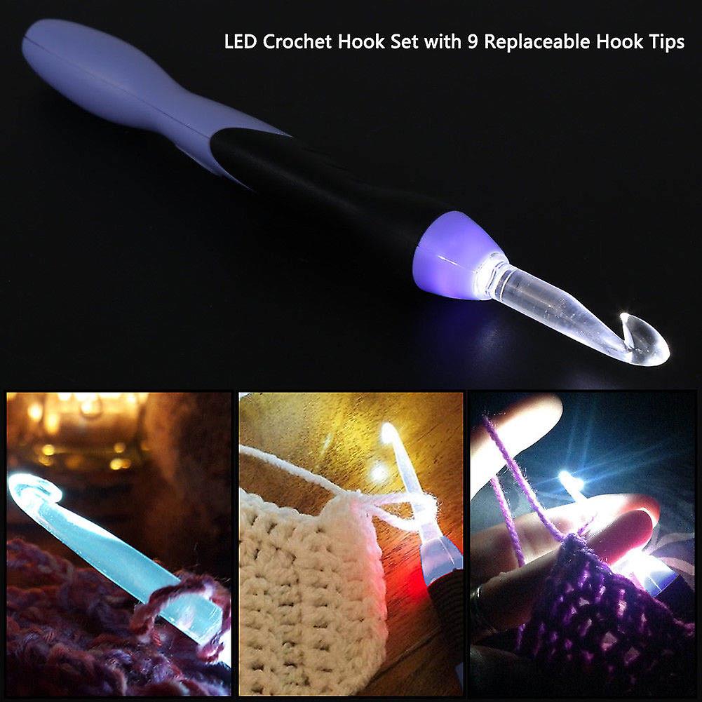 9-in-1 USB LED Light Up Purple Crochet Hooks Knitting Needles Set Weave Tool Kit