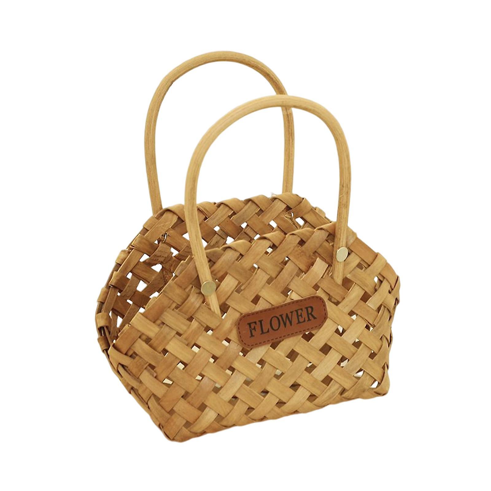 Hand Woven Flower Basket Portable with Handle Small Handmade Wicker Basket Light Brown
