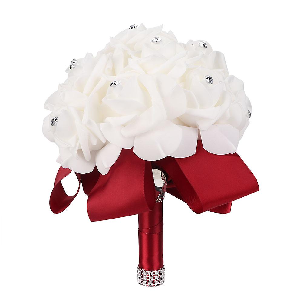 Artificial Fake Flower Bridal Bouquet Rhinestone Weeding Party Home Decoration (Wine Red)