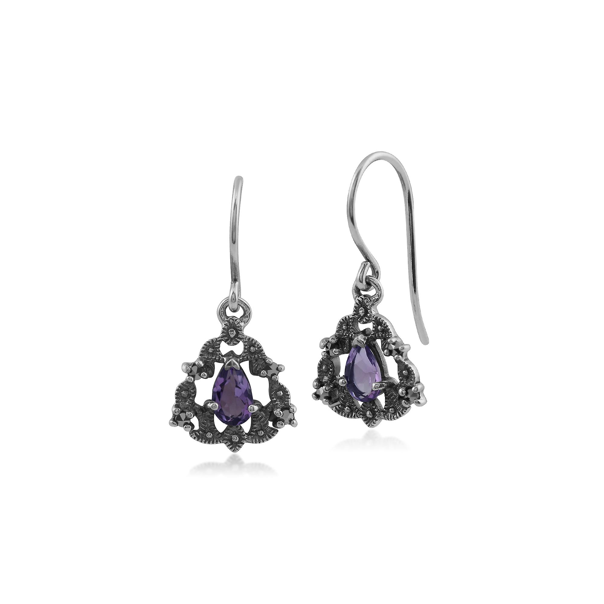 Art Nouveau Style Pear Amethyst & Marcasite Garland Drop Earrings in 925 Sterling Silver 214E718802925