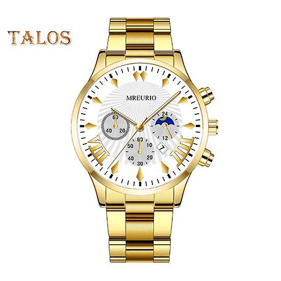 Men Quartz Watch Round Dial Three-eye Calendar Steel Band Mechanical No Delay Time-checking High Accuracy Daily Wristwatch Timepieceh