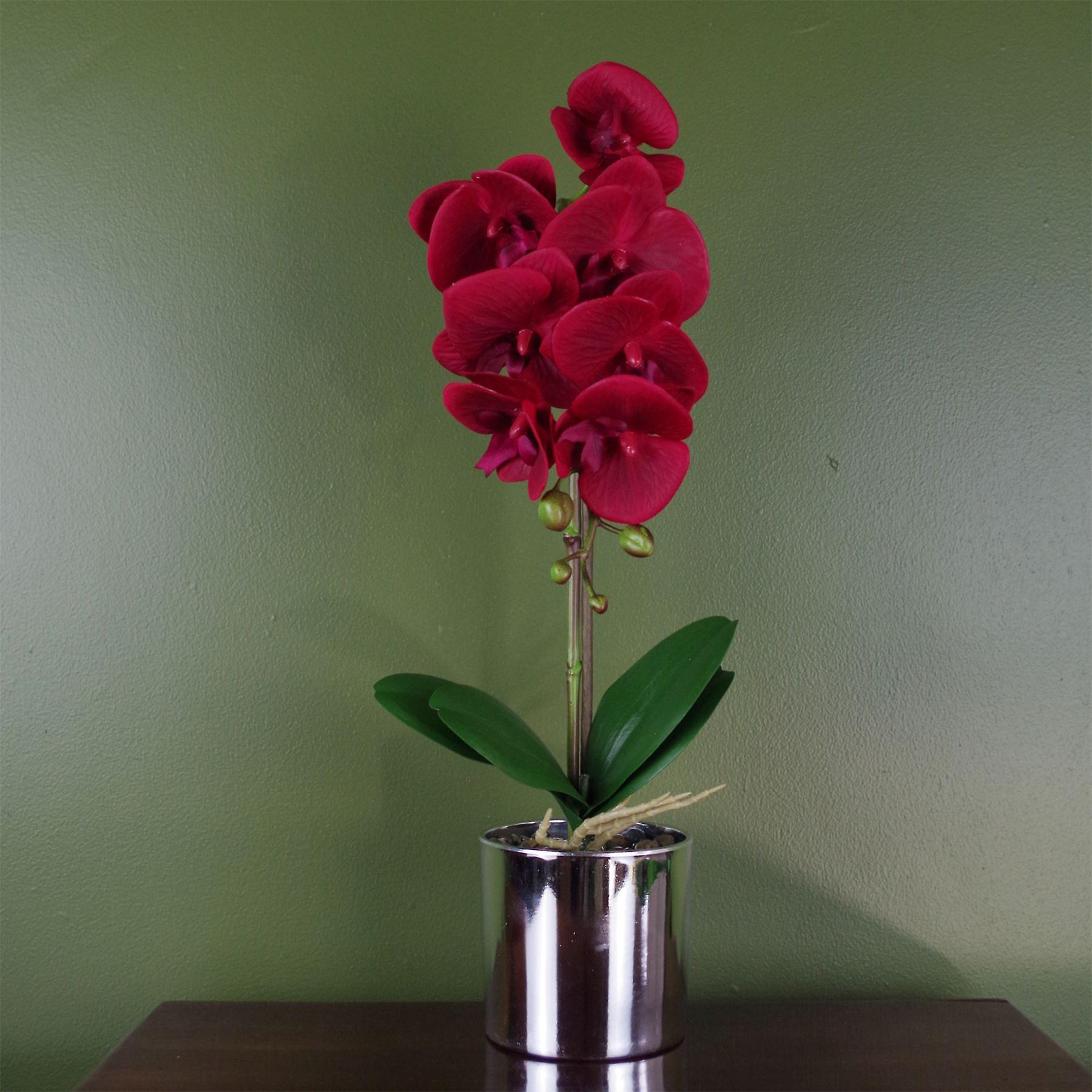 46cm Artificial Orchid Red with Silver Pot