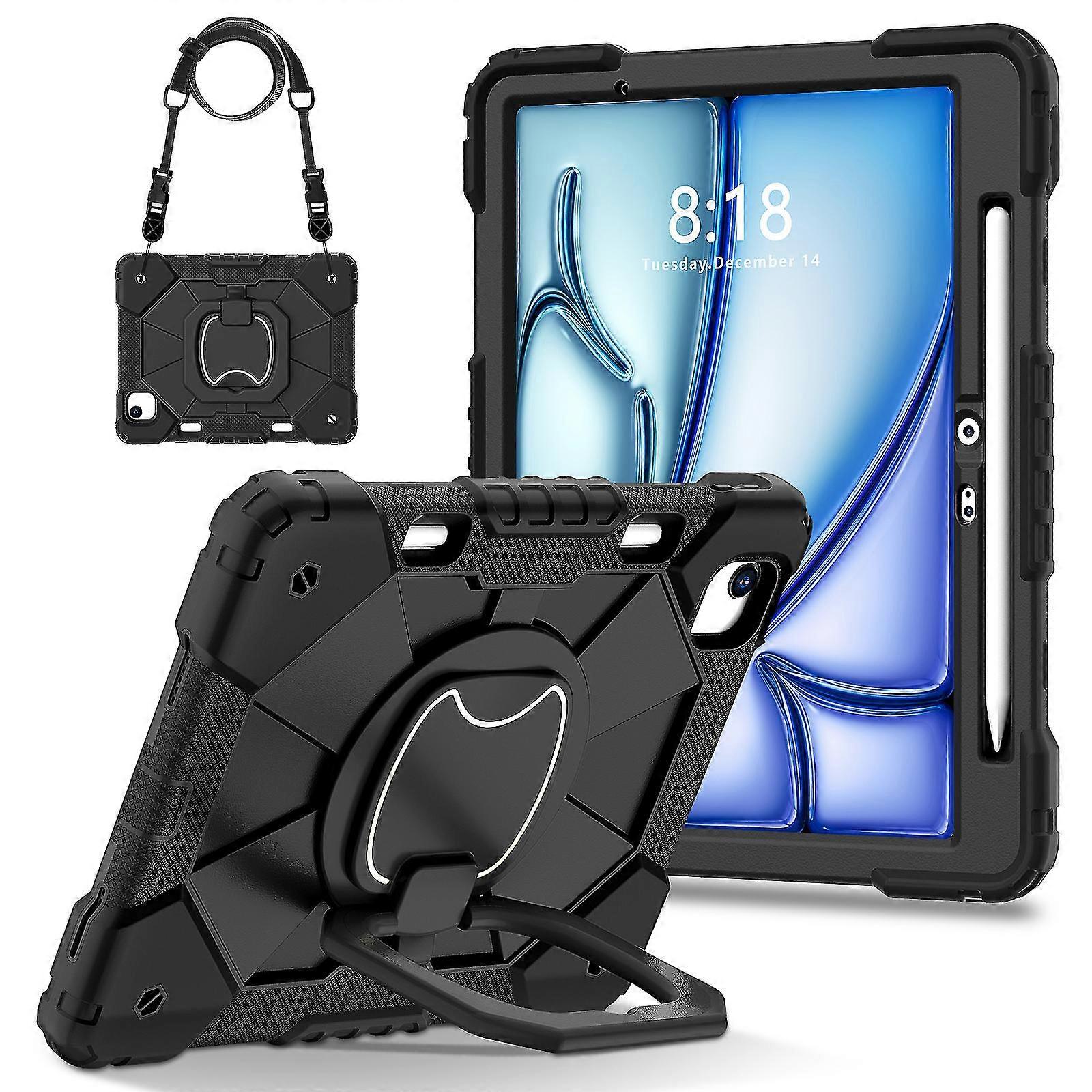 For iPad Air 13 (2024) Case with Shoulder Strap Silicone+PC Kickstand Tablet Cover