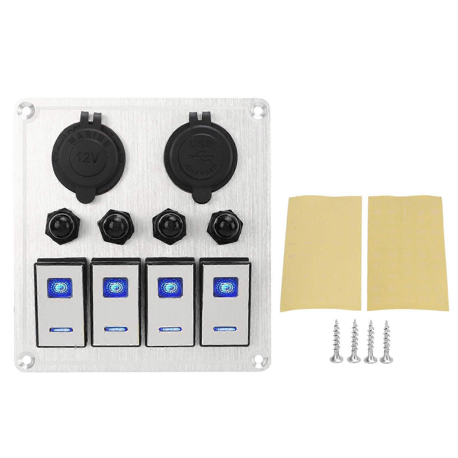 4 Gang Rocker Switch Panel Waterproof Marine Boat Toggle Switch Panel Silver Oxide On Off with Double Blue Light YEMAA