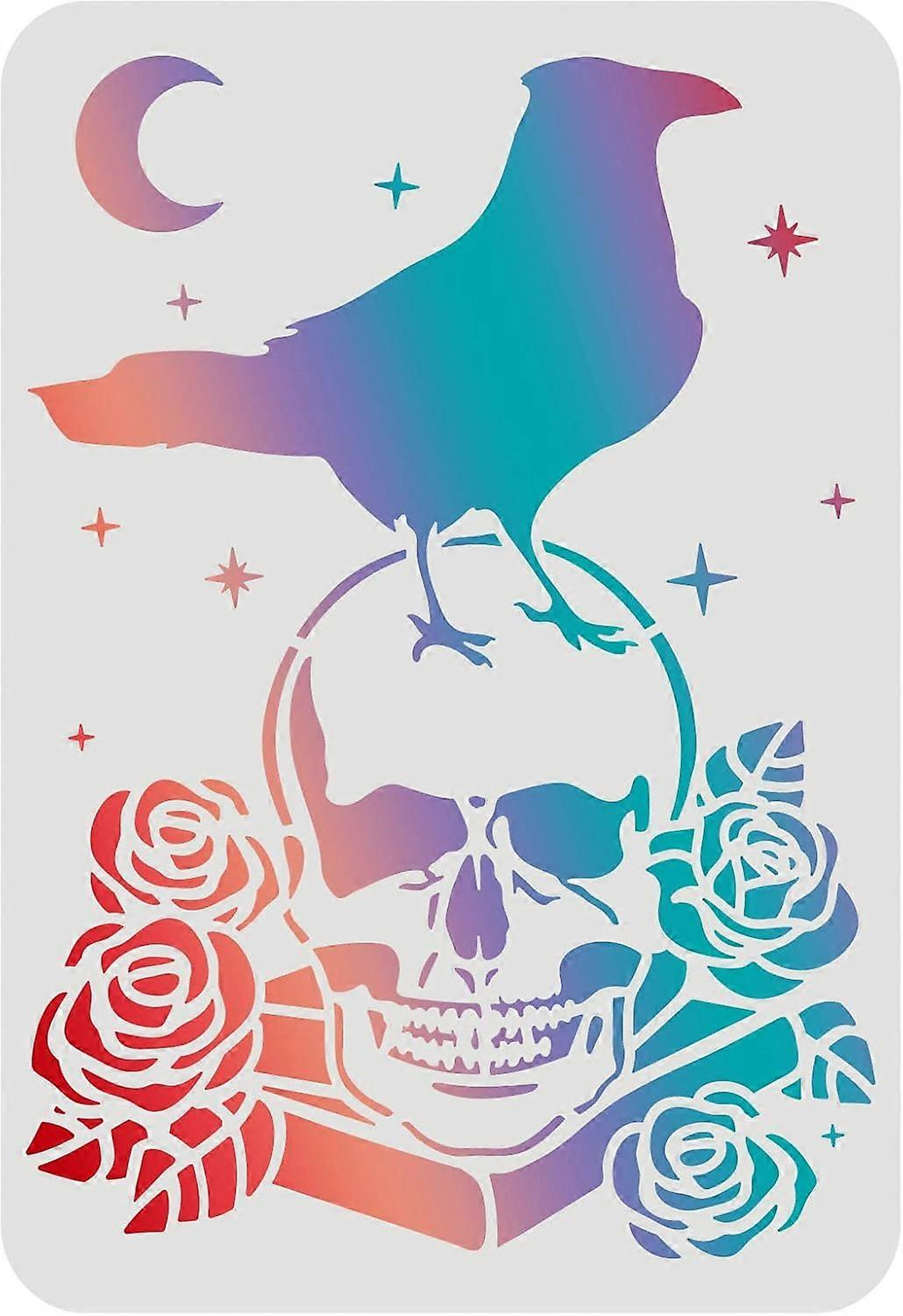 Crow Skull Stencil 11.7x8.3inch Raven on The Skull Pattern Drawing Stencil Reusable Crow Stencil Skull Stencil for Painting on Wood Tile Paper Fabric