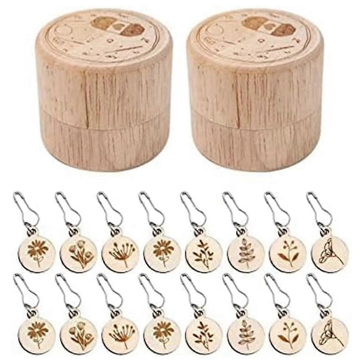 16Pcs Removable Markers with Wooden Storage Box for Knitting and Crocheting,Wood Crochet Marker Charms