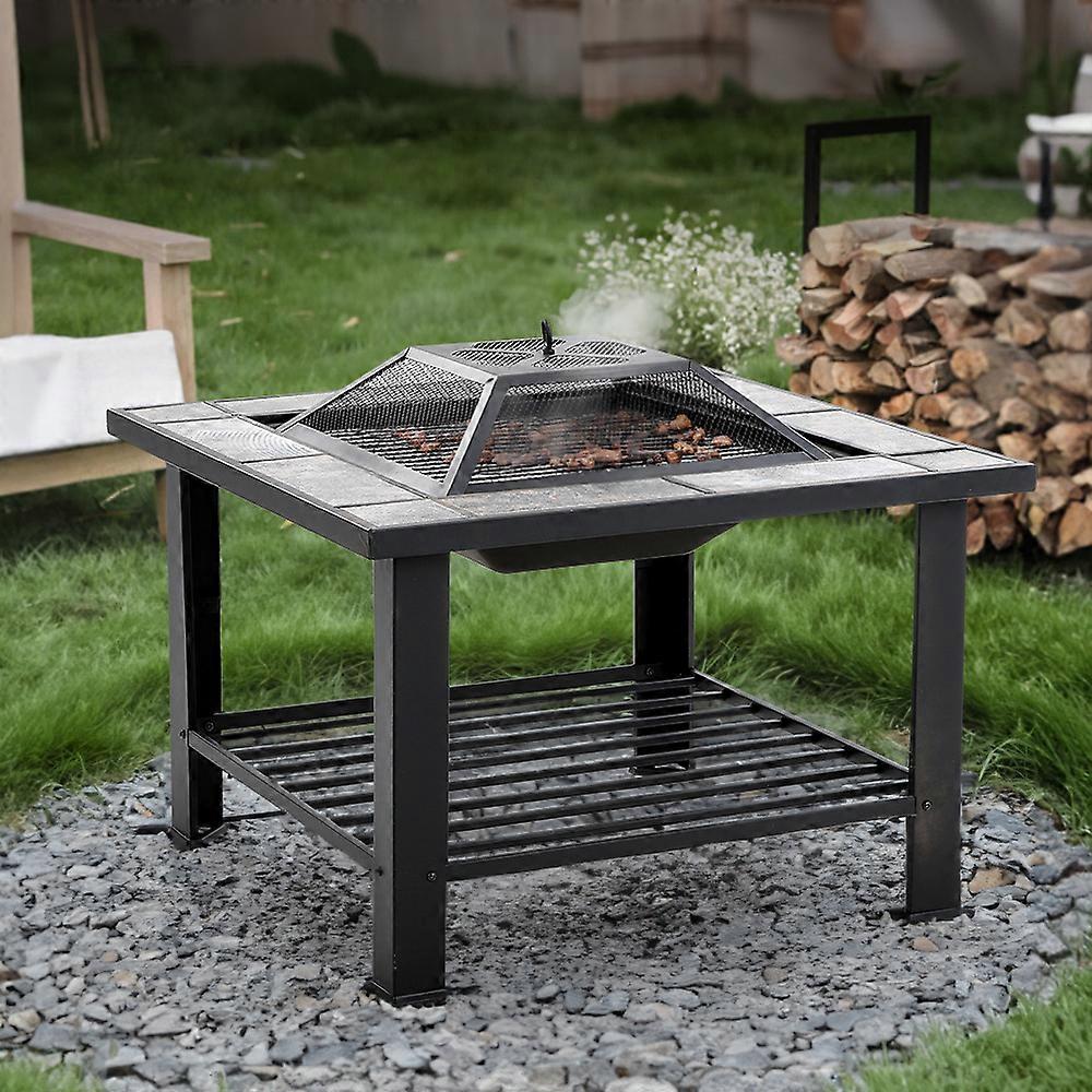 Livingandhome 76cm Square Fire Pit with Ceramic Table Top and Convenient Log Storage
