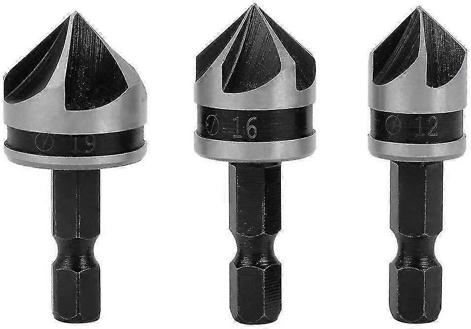 3pcs 1/4"hex hcs chamfer cutter 5 flute drill bit chamfer bits countersink sink 12mm/16mm/19mm