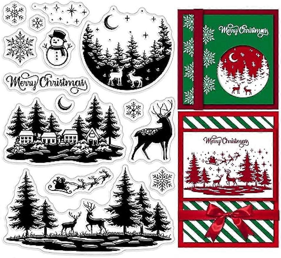 Christmas Clear Rubber Stamps Winter House Forest Snowflake Elk Snowman Sleigh Holiday Transparent Silicone Seals Stamp Xmas Journaling Card Making DI