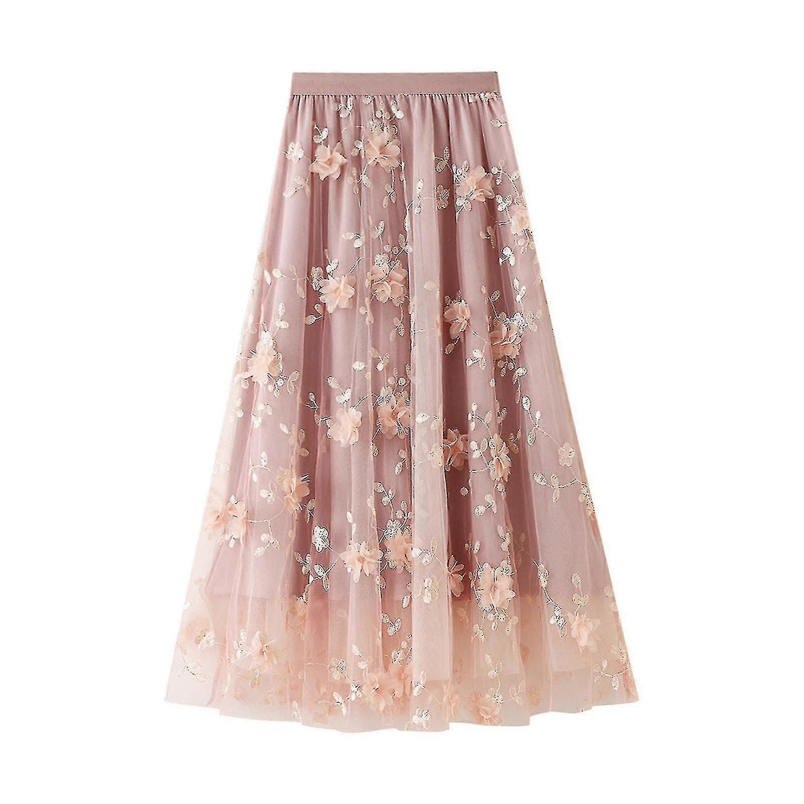 Womens Long Tulle Tutu Skirt 3d Flower Embroidery Solid Color High Waist Mesh Midi Swing Skirt