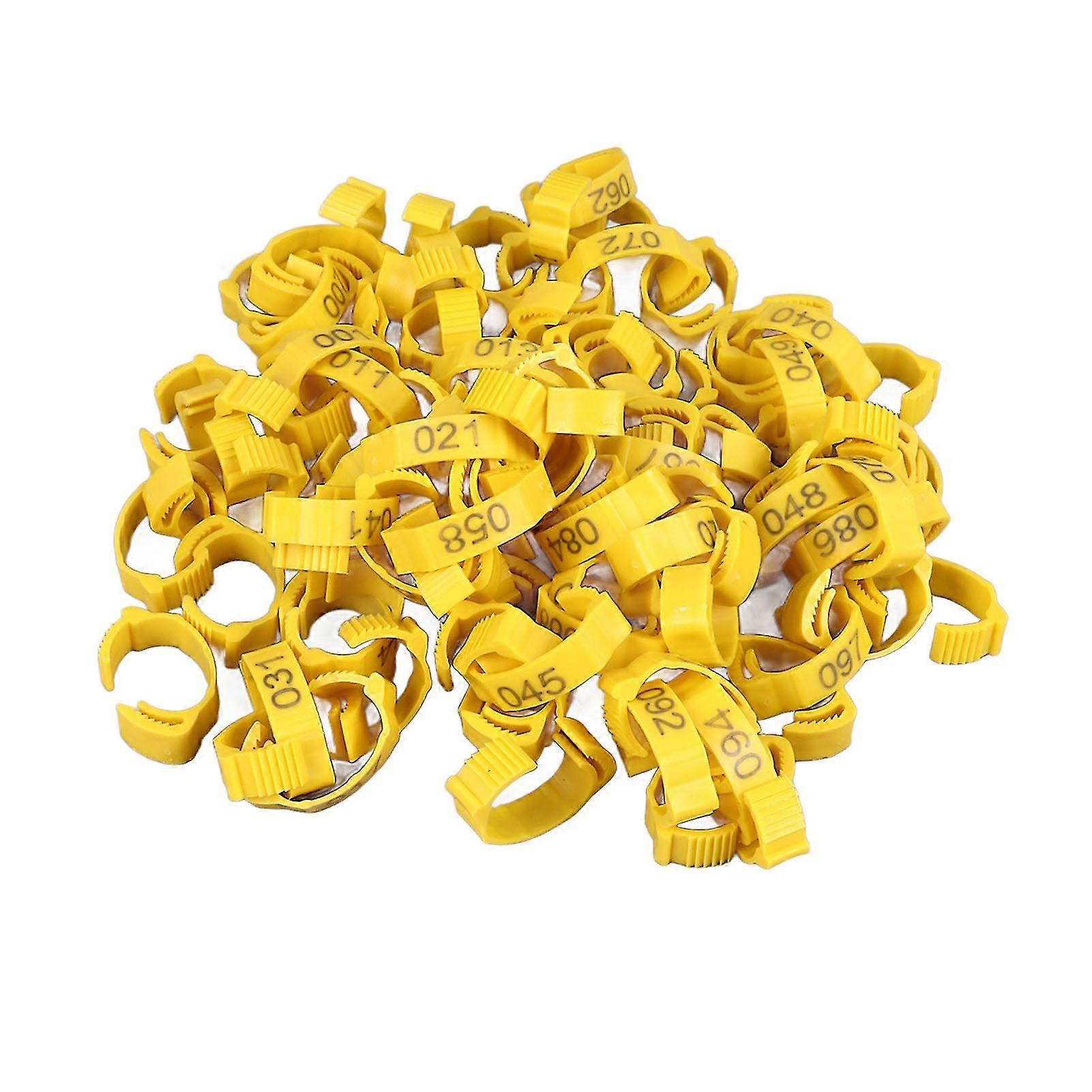 Poultry Leg Bands - 100 Pack of Sturdy Plastic Clip-On Chicken Leg Rings with Numbered Bright Color Markers
