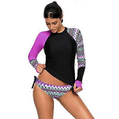 High-necked long-sleeved color-printed chest pad and underwireless split swimsuit