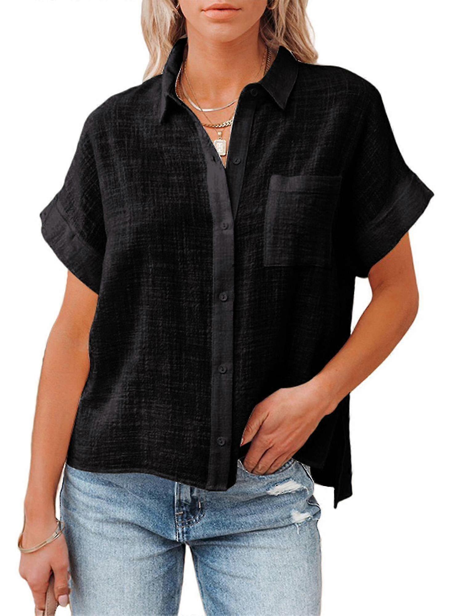 Dam Linne Bomullsskjorta Kortärmad Lapel Button Placket