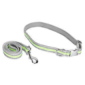 Fluorescent Green Reflective Dog Collar and Leash Set with Metal Insert Buckle - Engraved Pet Pulling Rope M