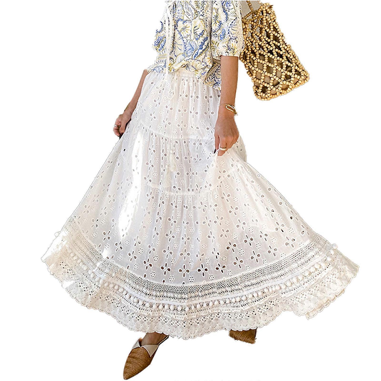 Alluring White Bohemian Maxi Skirt with Embroidered Details