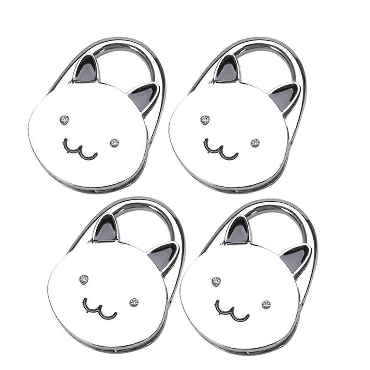 Cat Cartoon Foldable Silver Tone Handbag Hook Antislip Rubber Base Bag Holder