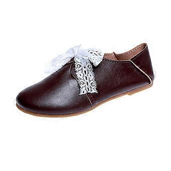 Fashion Women Lady Round Toe Soft PU Leather Lace Up Anti-slip Flat Shoes(Coffee, 38)