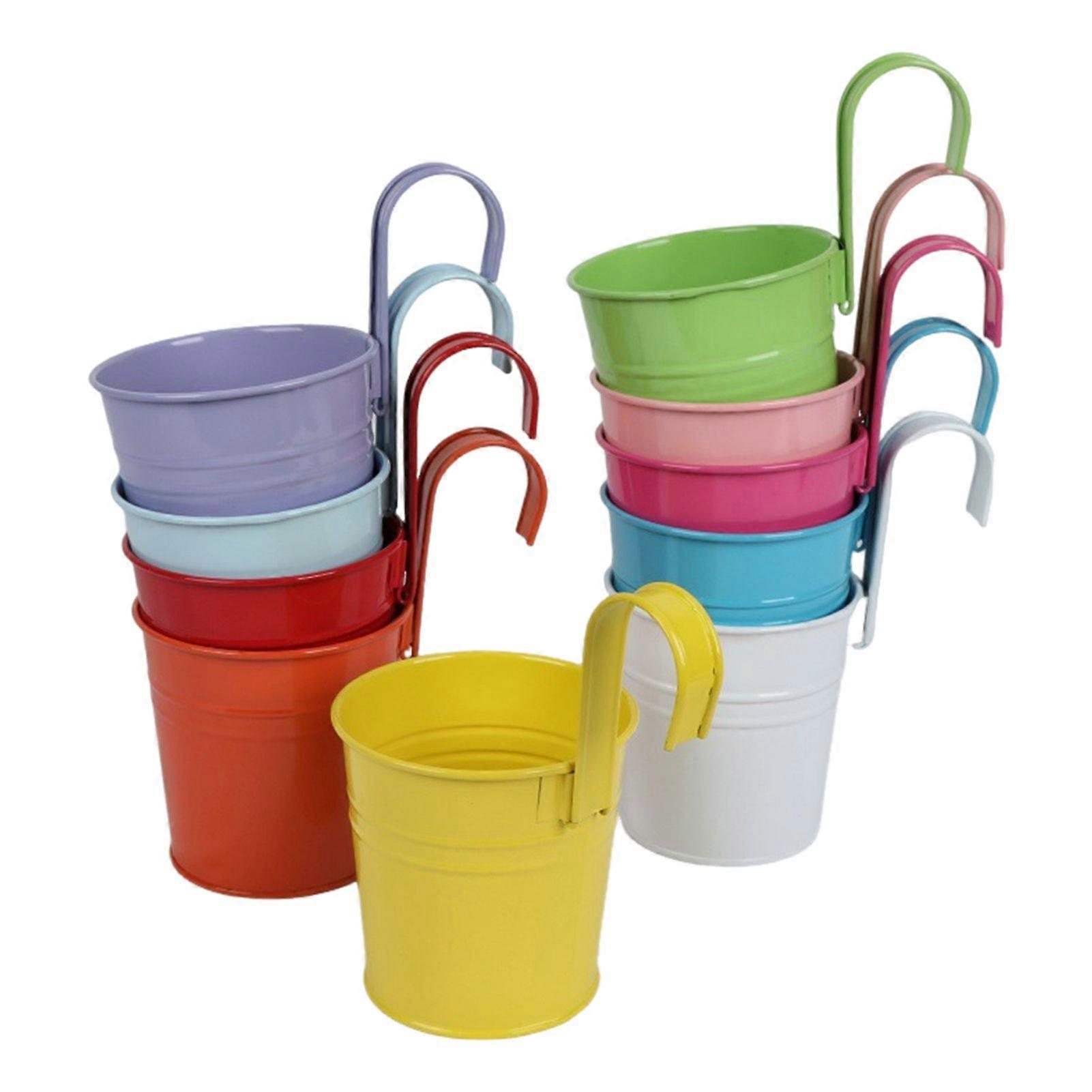 Hanging Planter Pot Metal Bucket Plant Holder Balcony Flowerpot with Detachable Hook Drainage Hole for Garden Railing Fence