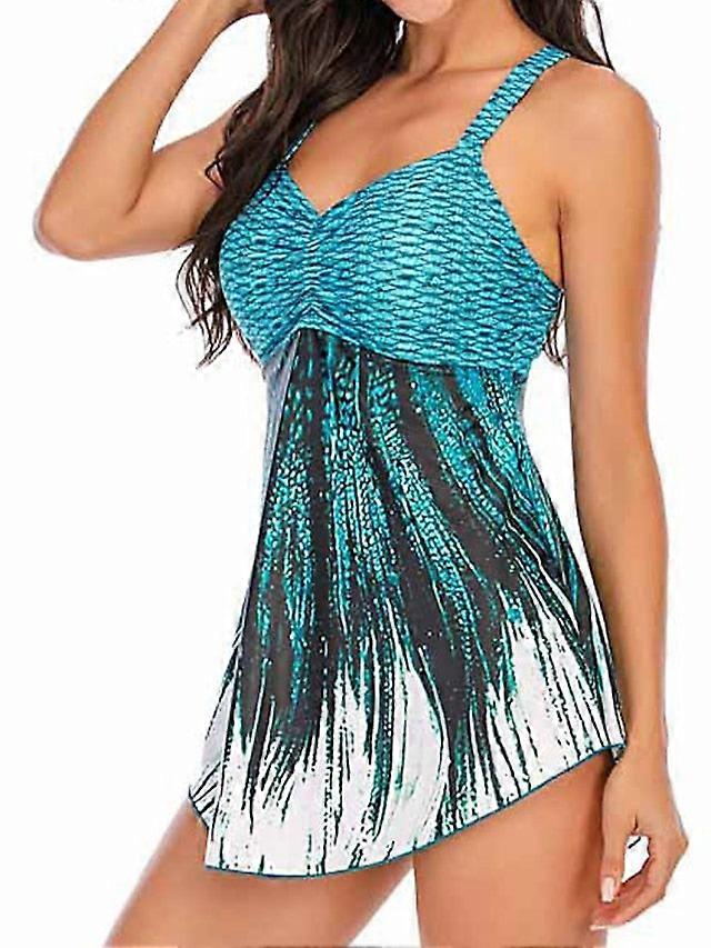 Plus Size Women's Tankini Swimsuit - Modest Open Back, Color Block, Padded, Green/blue, Vacation Fashion