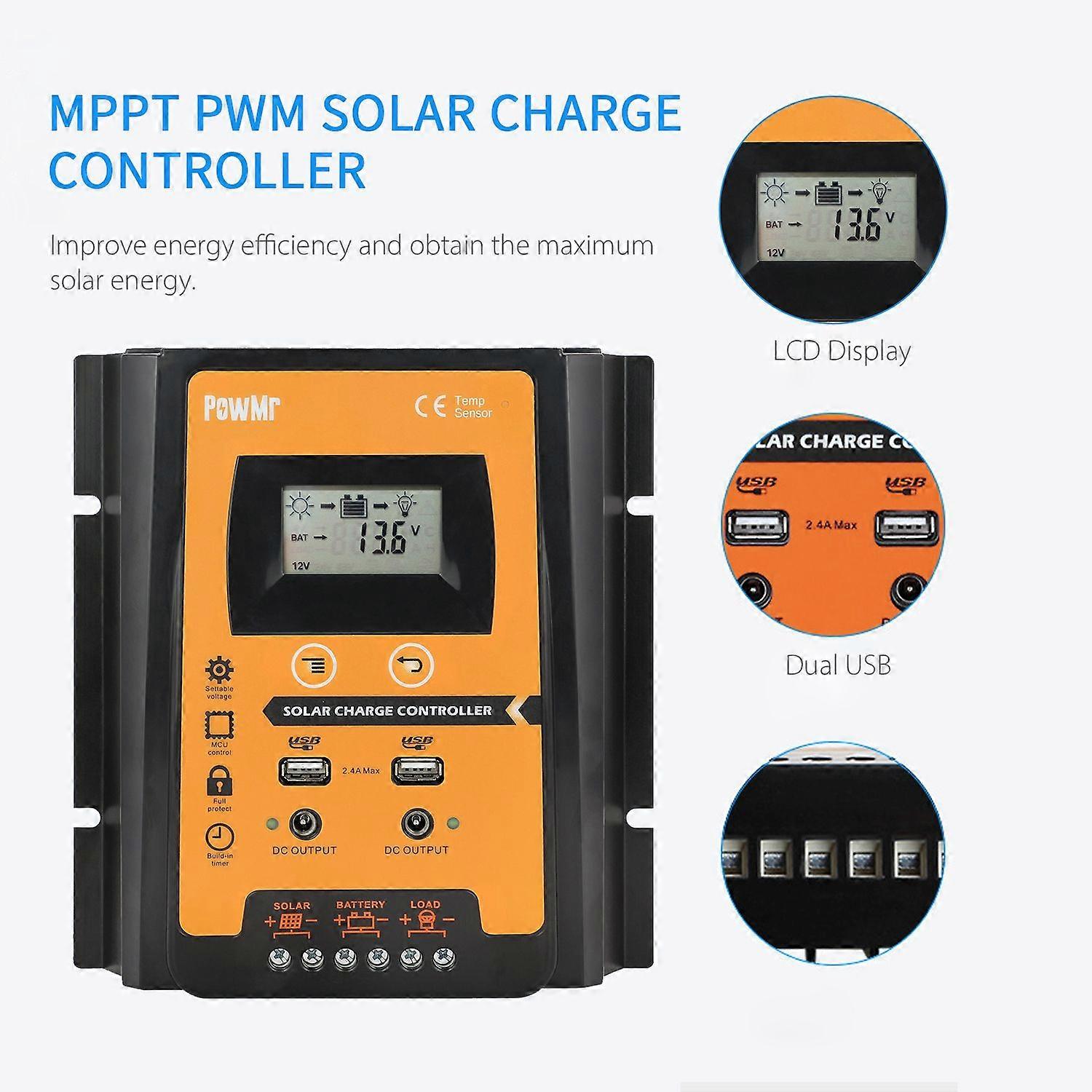 50A PWM Solar Charge Controller for 12V/24V Solar Panel System IP32 PV Battery Controller Charge Timer LCD Display Solar Panel Regulator with Dual USB