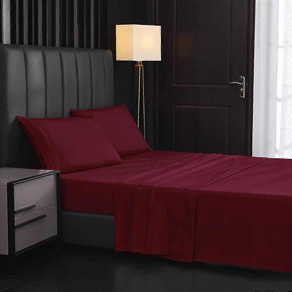 JT013 Full Bed Sheet+Fitted Sheet+2 Pillowcases Solid Color Brushed Fabric Bedding Set-Wine Red