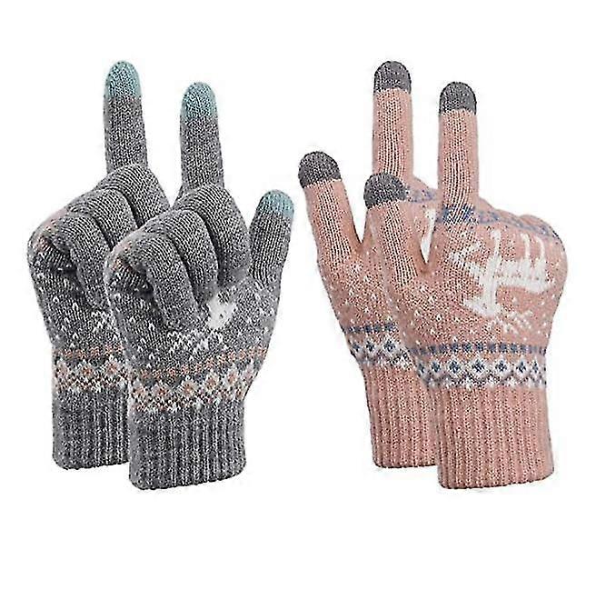 Gants d’hiver à écran tactile tricotés mignons et doux avec motif Elaphurus Taille unique 2 paires en rose et gris