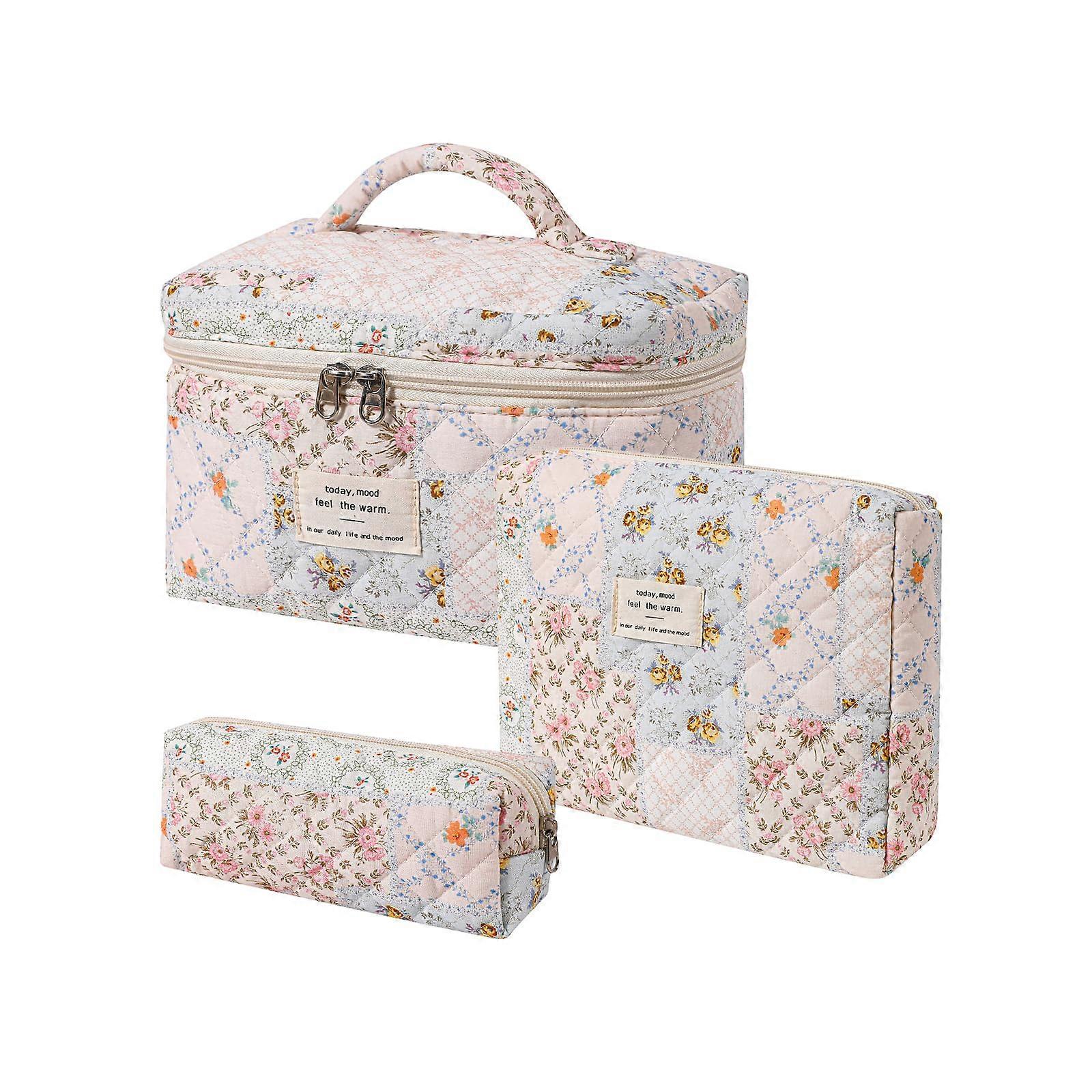 3Pcs Quilted Cotton Makeup Bag Set, Floral Toiletry Pouch for Women, Kawaii Travel Cosmetic Bags in Pink Flower Design