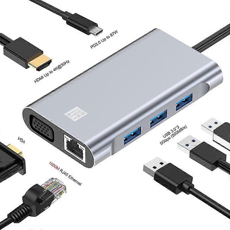 JUNSUNMAY Adaptateur de station d’accueil Ethernet 7 en 1 Type-C vers 4K HDMI / VGA / 1000M Hub USB C