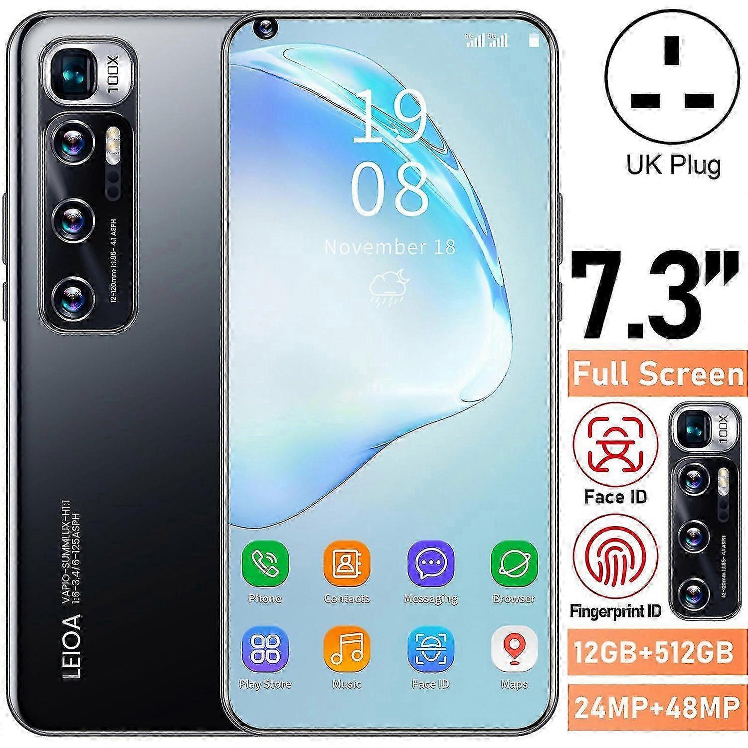 UK Plug, 12GB + 512GB μαύρο 16/64/128/512GB M10 Ultra 7.3inch υψηλής σαφήνειας κυρτό κινητό τηλέφωνο 5G οθόνης