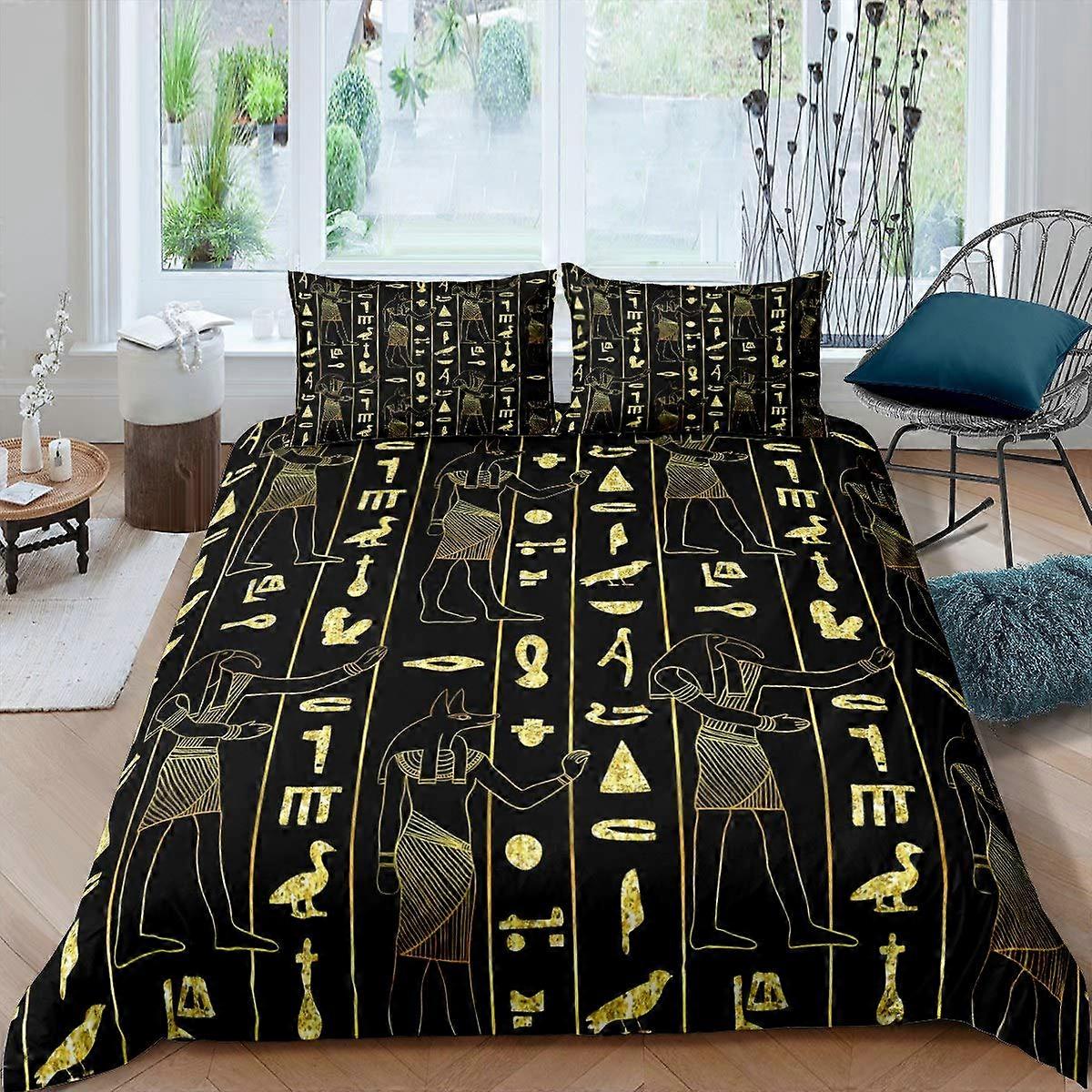 Ancient Egypt Comforter Cover Set, Egyptian Symbol Duvet Cover, Vintage Pharaoh Pyramid Bedding, Queen Size, Lightweight Cotton