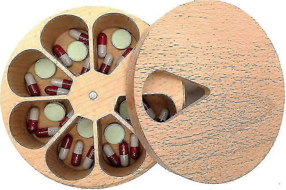 Day Pill Box Solid Wood, Portable 7 Day Pill Box Pill Box Round, 7 Day Medicine Box Pill Organizer w