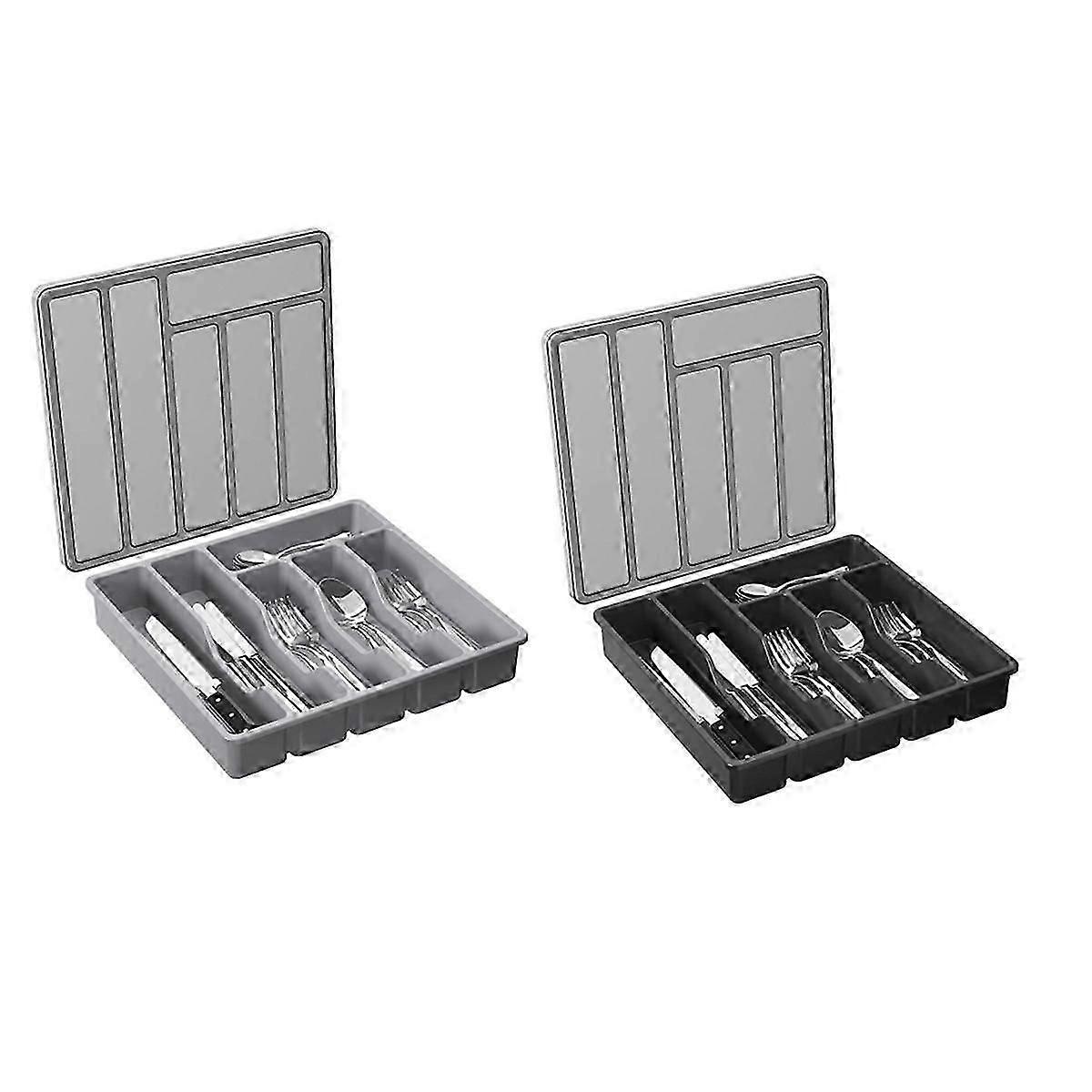Silverware Organizer with Lid, Covered Utensil Tray for Kitchen Drawer and Countertop, Plastic Cutl