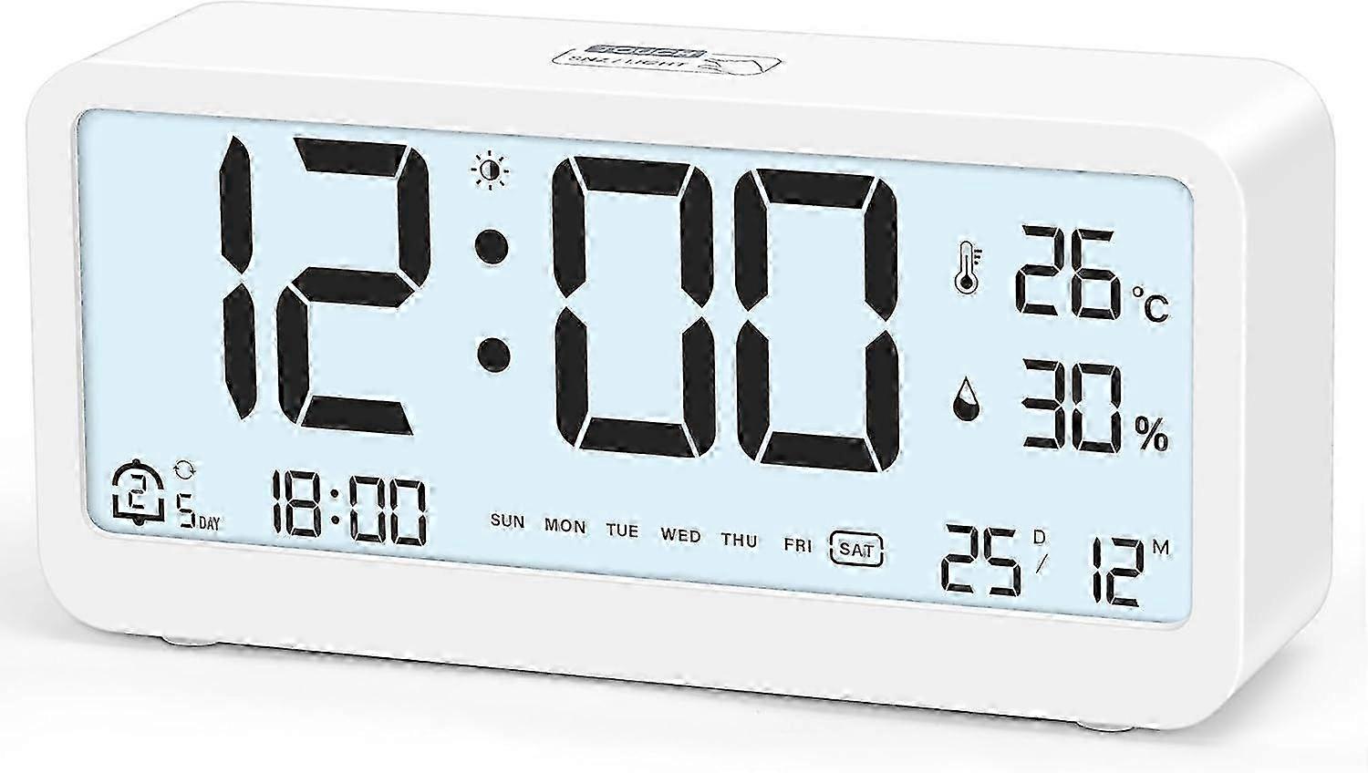Large LCD Digital Alarm Clock with Loud Crescendo Ringtone, Temperature & Humidity Display, White