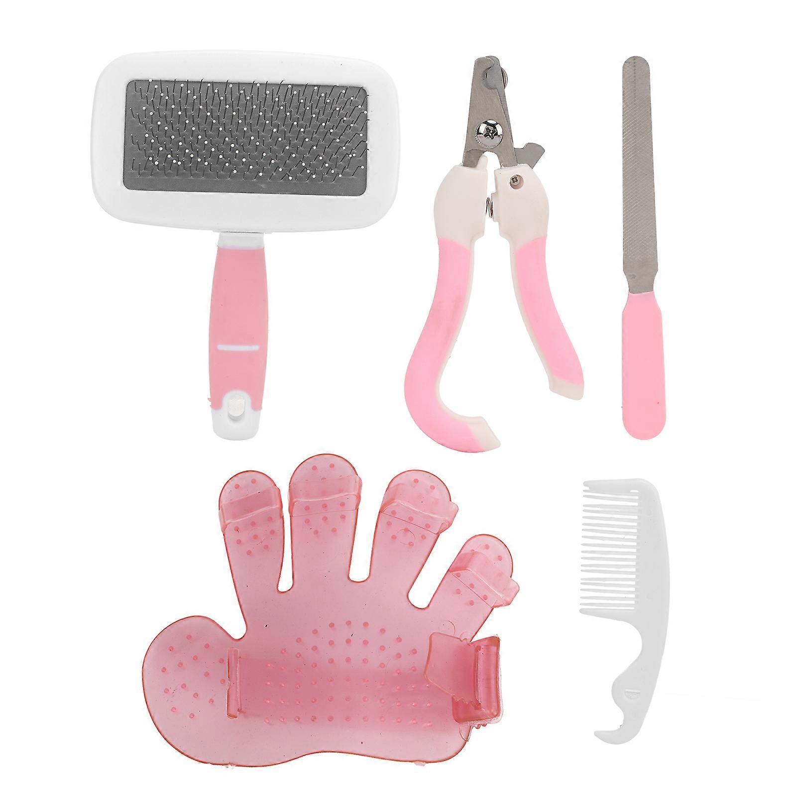 Rabbits Grooming Kit Bath Brush Comb Needle Comb Nail Clipper Nail File Set for Small AnimalS Pink
