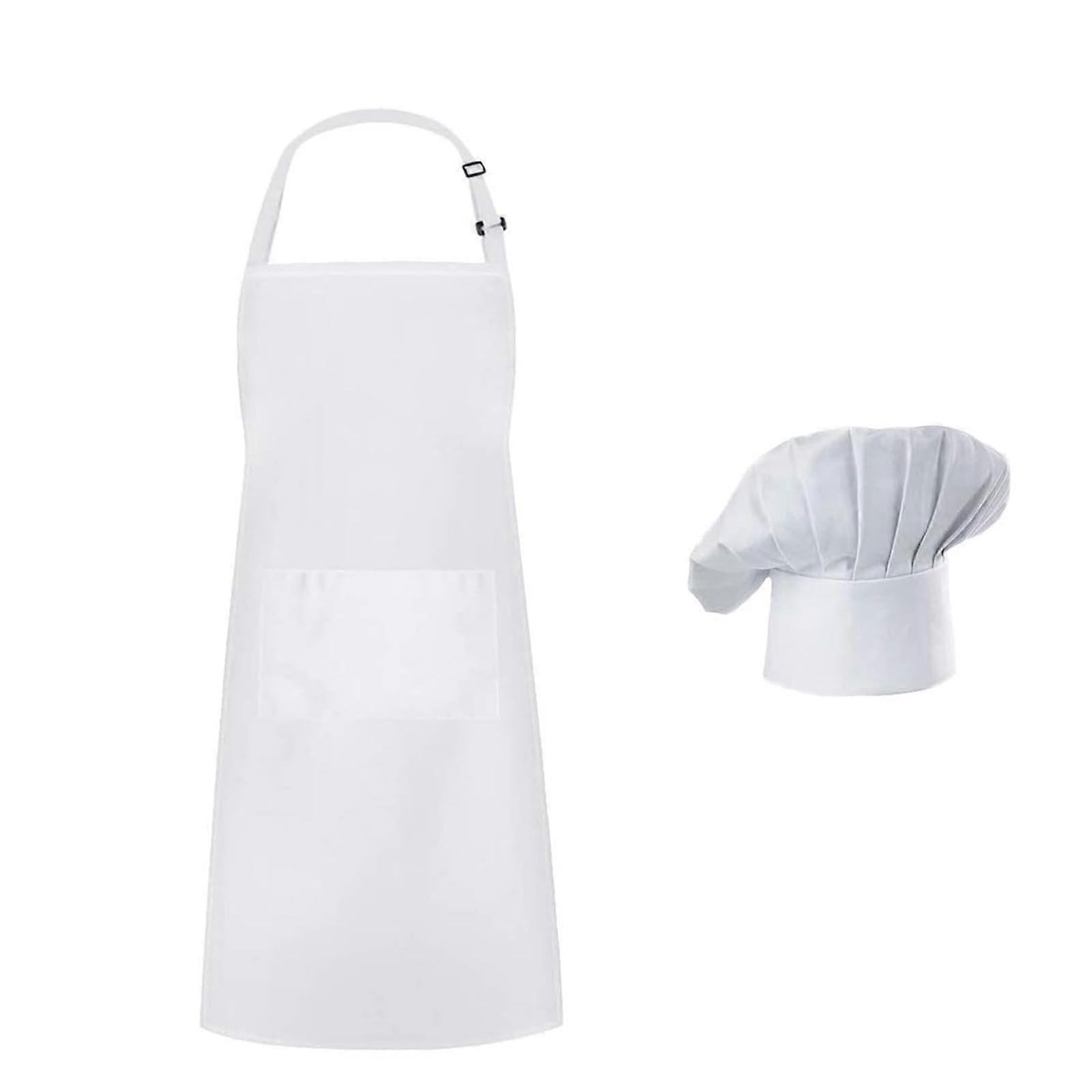 Adjustable Chefs Hat and Apron Set Unisex White Cotton with Two Pockets for Kitchen Grease and Dust Protection