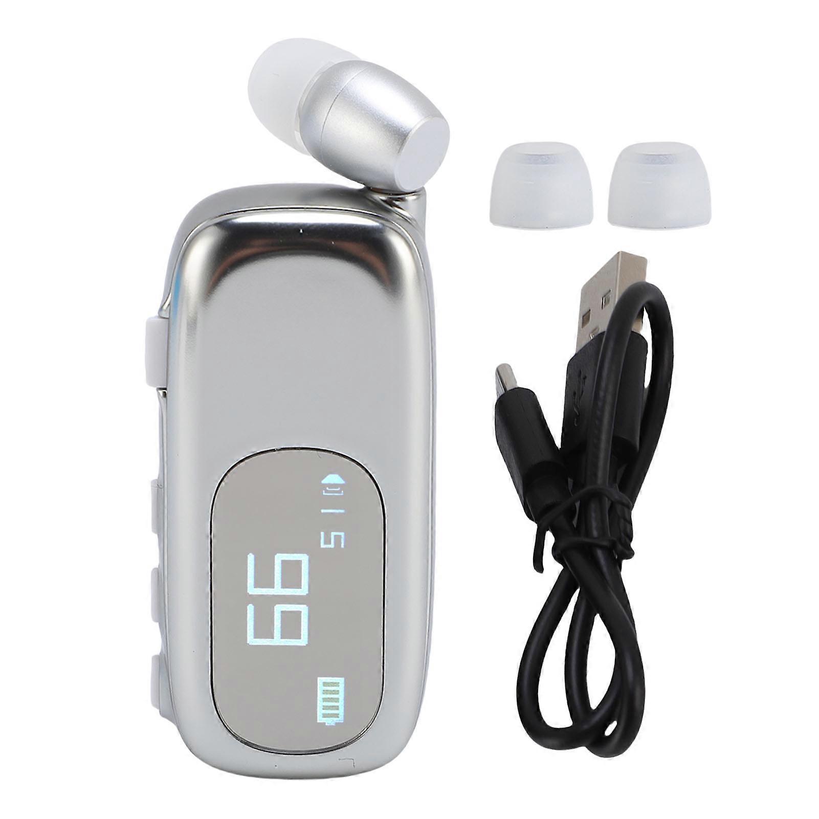 Ergonomic Clip-On Bluetooth Headset: LCD Display, Vibration Alerts, Bright Silver Finish