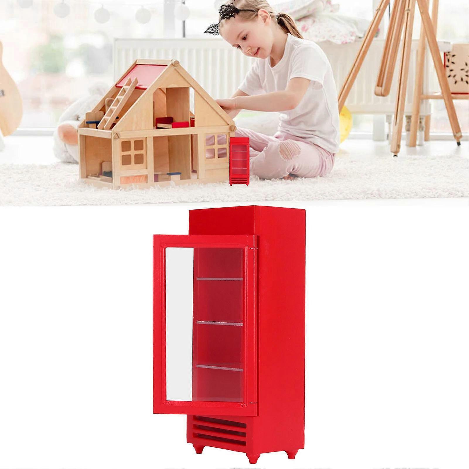 Dollhouse Vertical Refrigerator 1:12 Wood High Simulation Stimulate Bright Color Doll House Vending Machine for DIY Red 