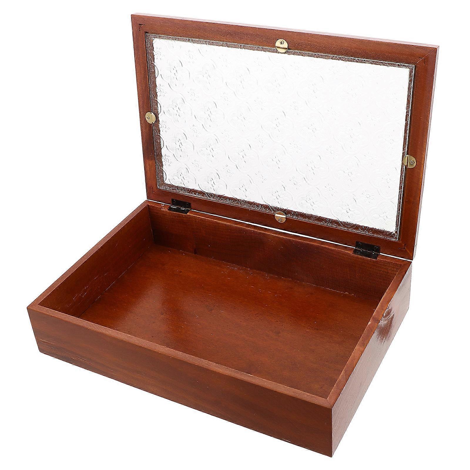 Retro Wooden Storage Box with Glass Top – Multipurpose Organizer for Keepsakes, Cosmetics, Documents & Household Items – Rustic Decorative Chest for