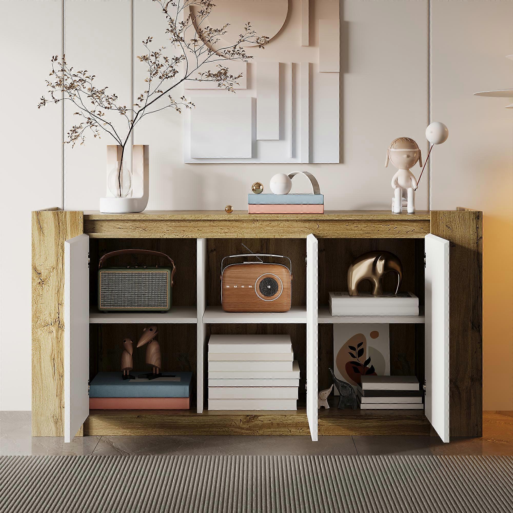 kashemano sideboard,white doors, natural-colored body, handle-free, 150cm × 40cm × 70.5cm