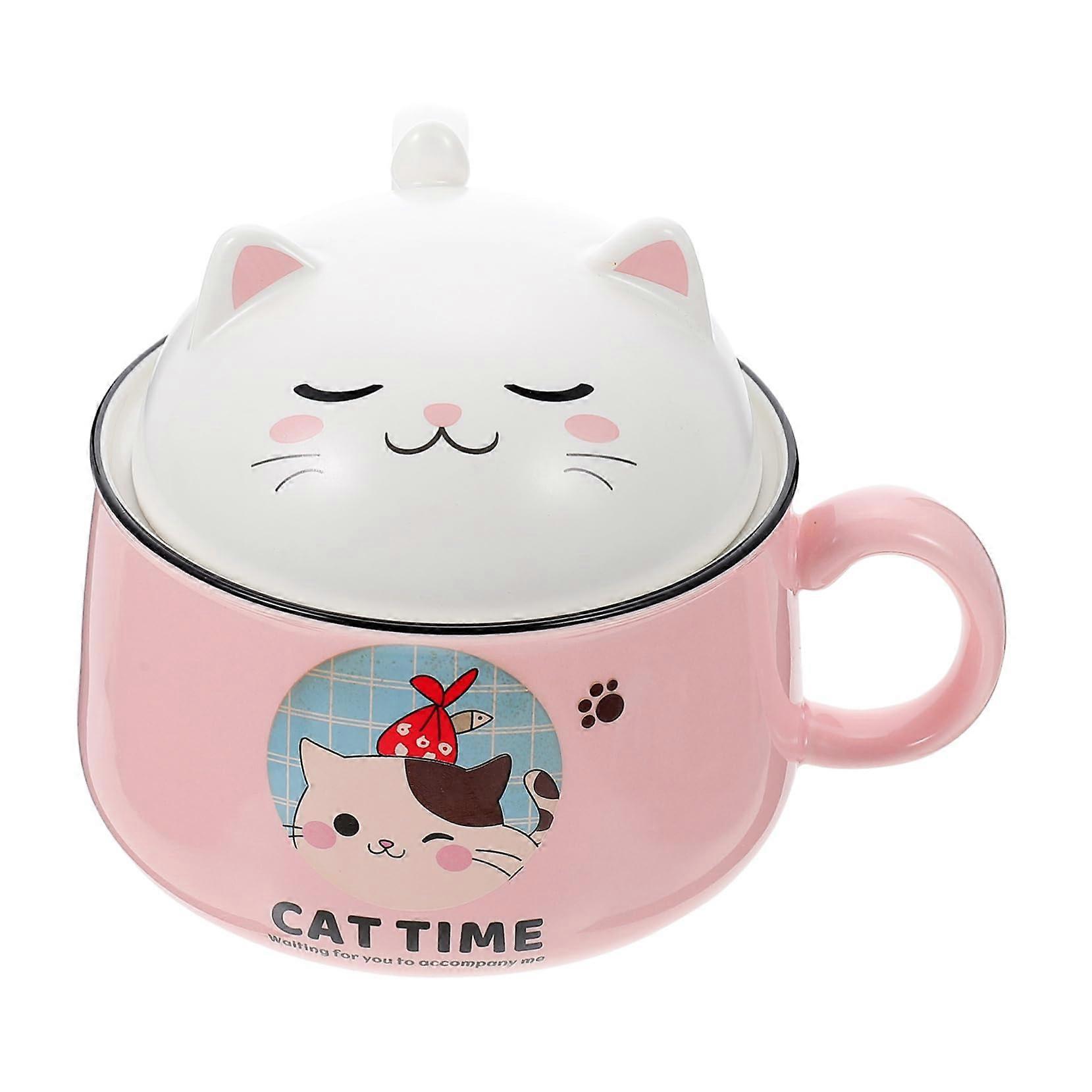 Ceramic Cartoon Kitten Bowl 1020ml With Lid Noodle Bowl For Home And Restaurant Decorative Soup Serving Bowl