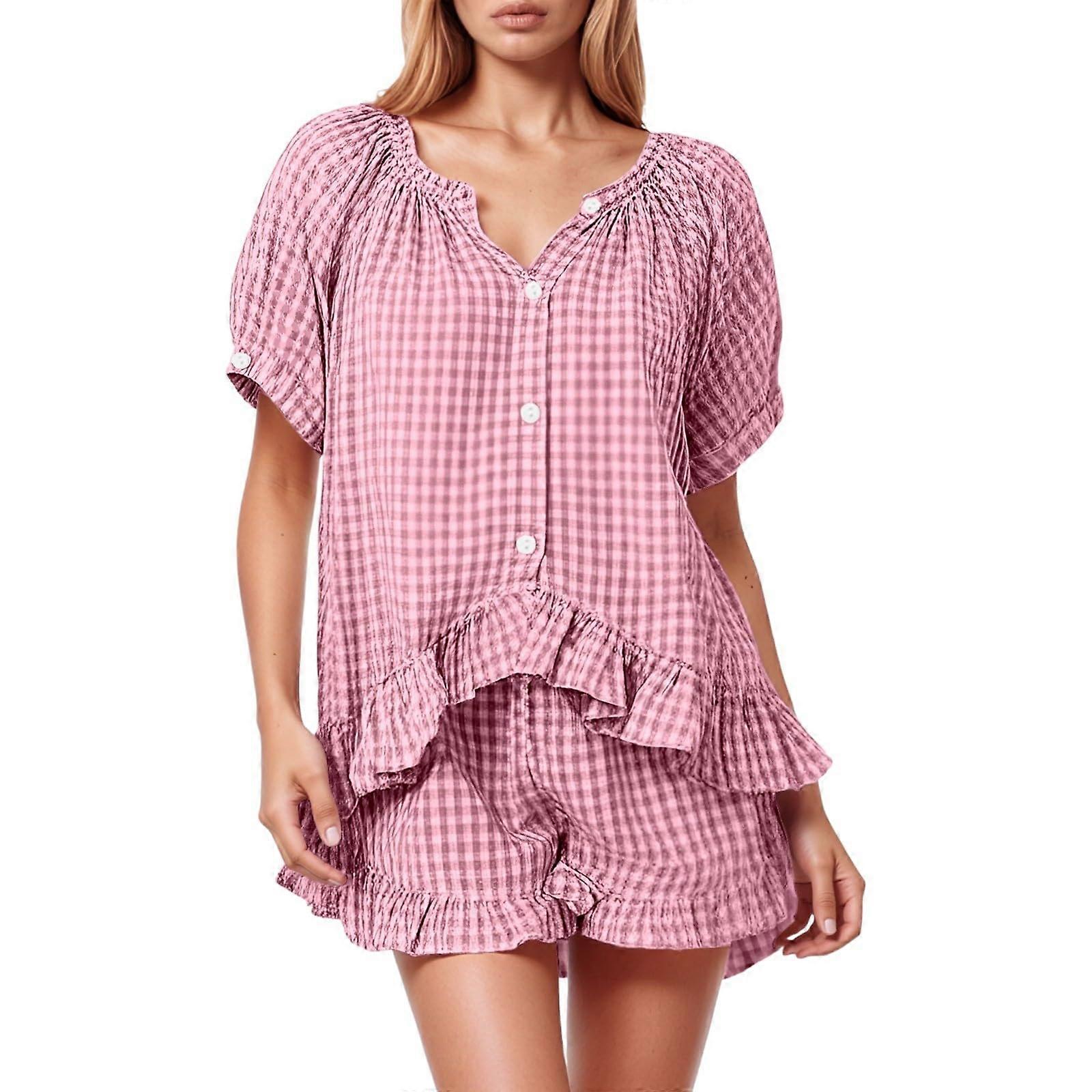 Checked 2-Piece Women's Pajama Set With Plaid, Button-Down Collar, Baby-Doll Top And Ruffle Pants, Red, Size L