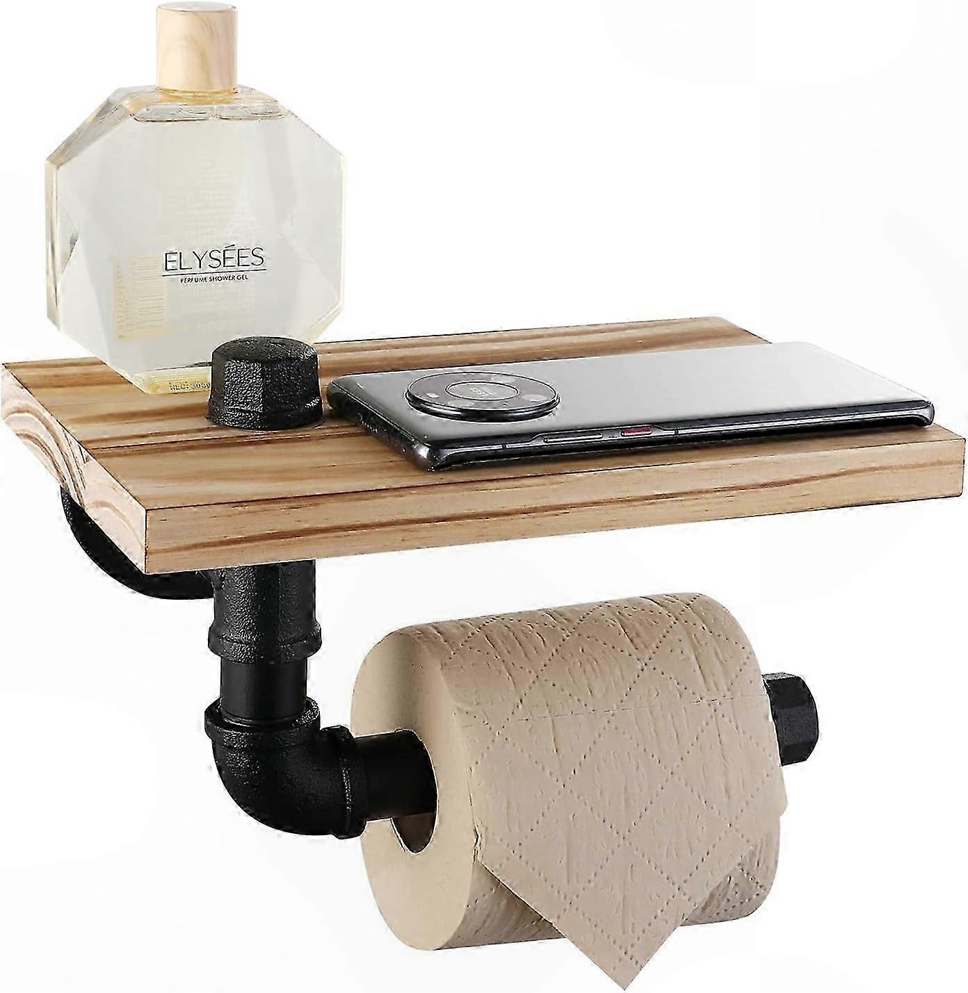 Black Rustic Toilet Paper Holder with Shelf - Durable and Rust-Proof Bathroom Accessory for Industrial Decor