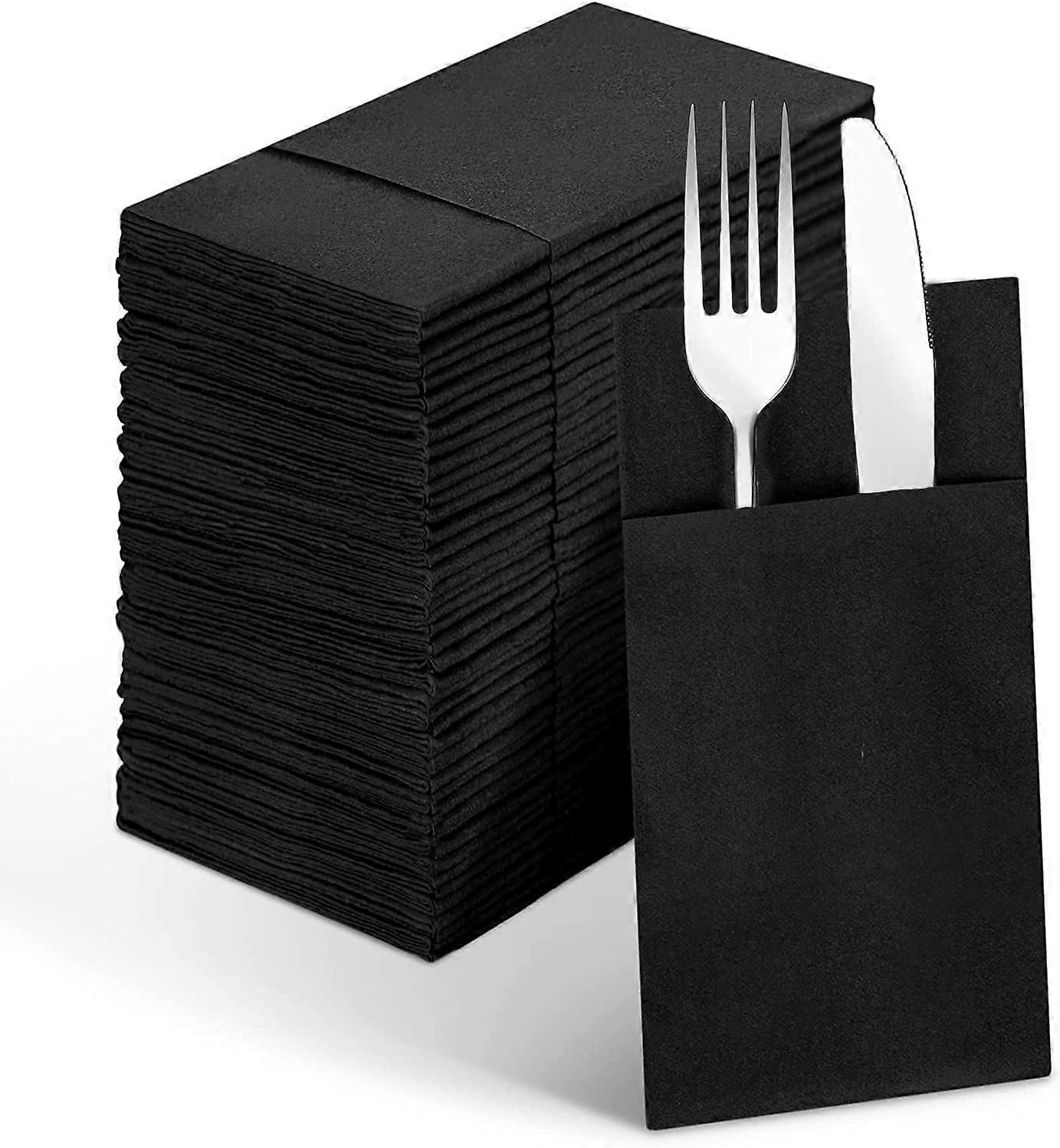 Serviettes en papier noir au toucher lin, tissu comme des serviettes de table avec couverts intégrés