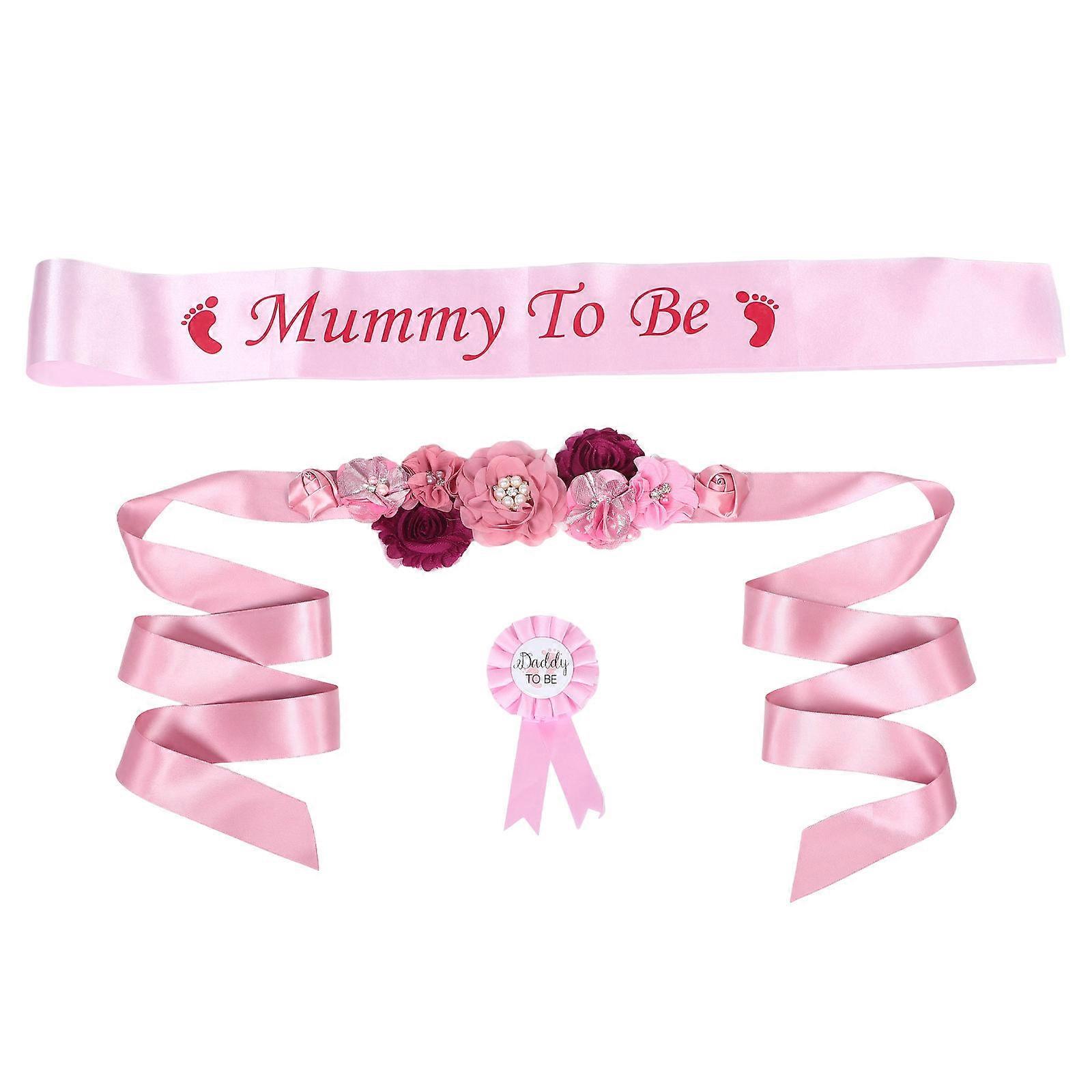 Mommy Sash & Daddy Pin Set with Floral Design – Shower Accessories & Maternity Photo Props for Expecting Parents – Perfect for Girl Baby Showers