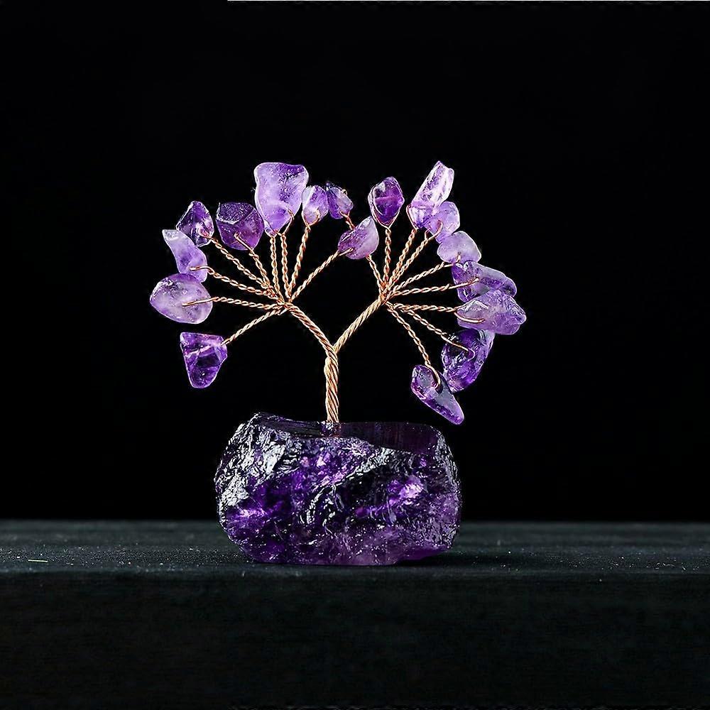 Natural Gemstone Crystal Lucky Tree Amethyst Mini Size With Raw Stone Base For Home Office Desk Decor