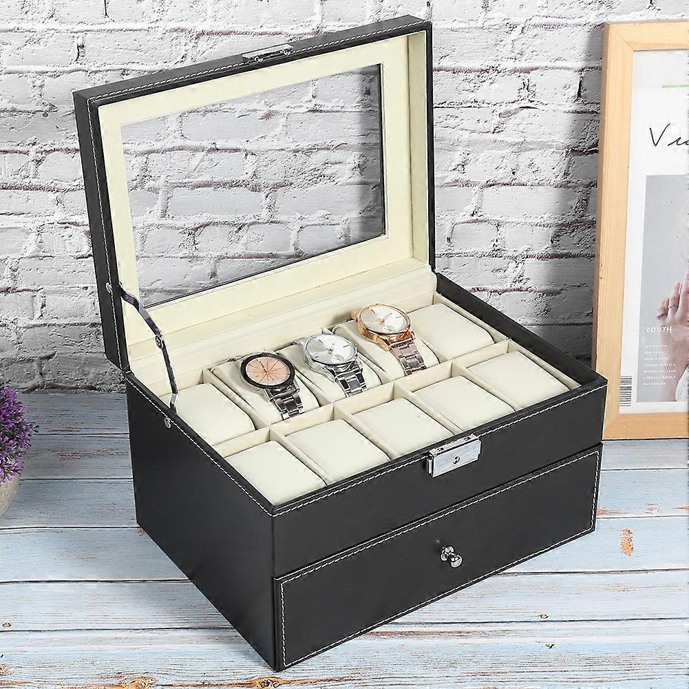 Double Layer Watch Box Case 5 Grid Glasses + 10 Grid Watch Holder Black