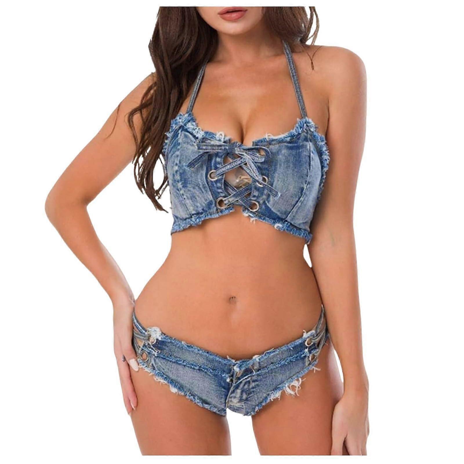 Women's Denim Bikini Set with Push Up Bra and Shorts for Beach, Bar Night Club Performance, Size L, Blue